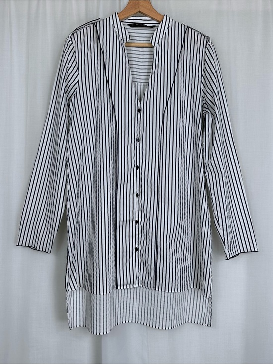 Zara Tops - Zara Basic Striped High Low Tunic Button Front Blouse Shirt Size L Blue White